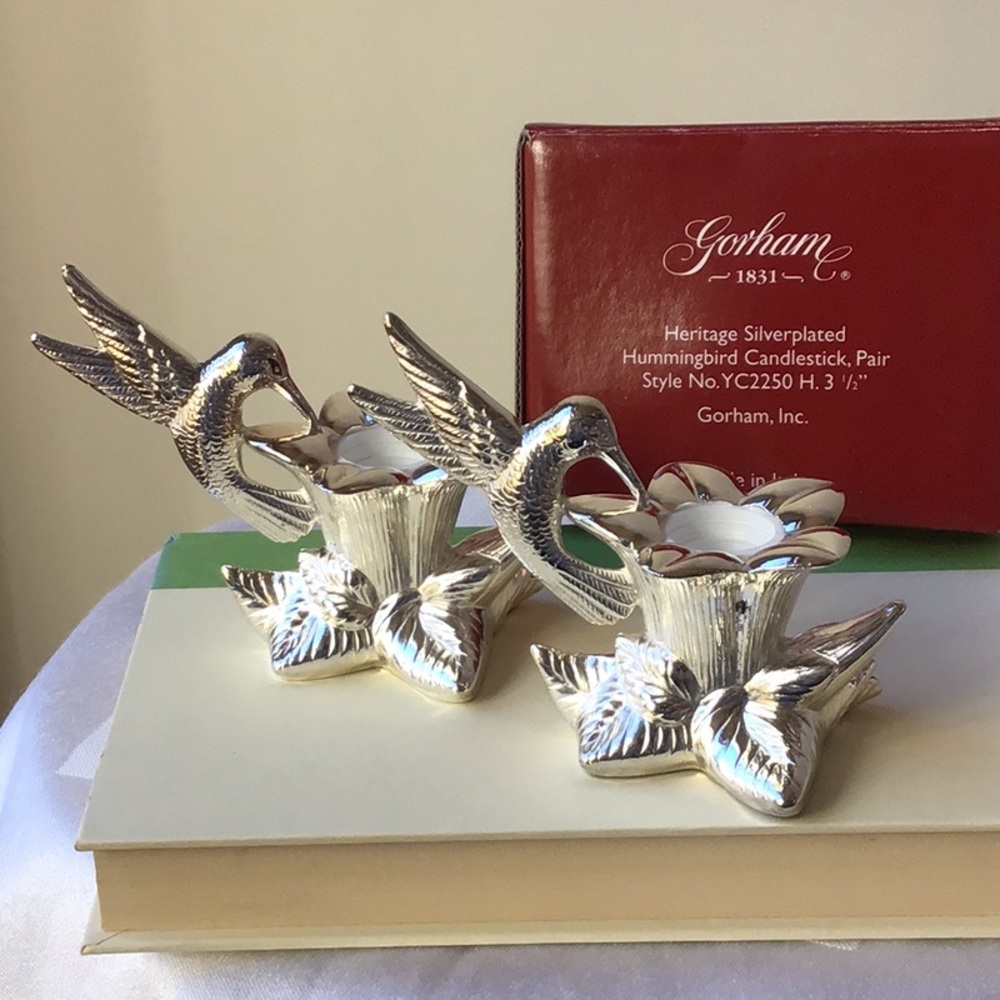 Gorham Hummingbird Candlesticks Holders Silverplated Pair Set Heritage Italy